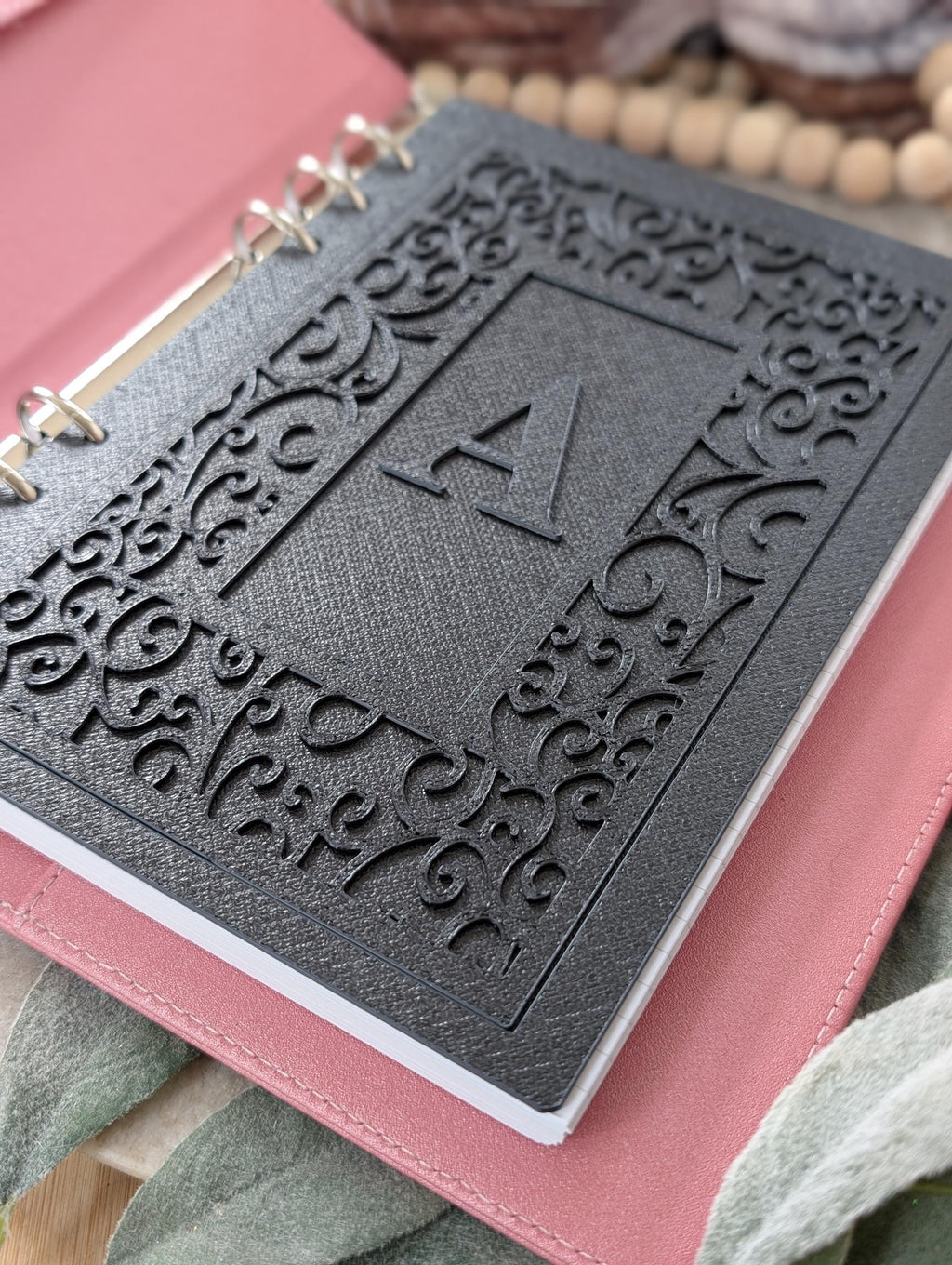 Personalized Dashboard Planner with initial Decorative Embossed Scroll Design Decor for Planner Minimalist Black Insert for A5 A6 3D Printed