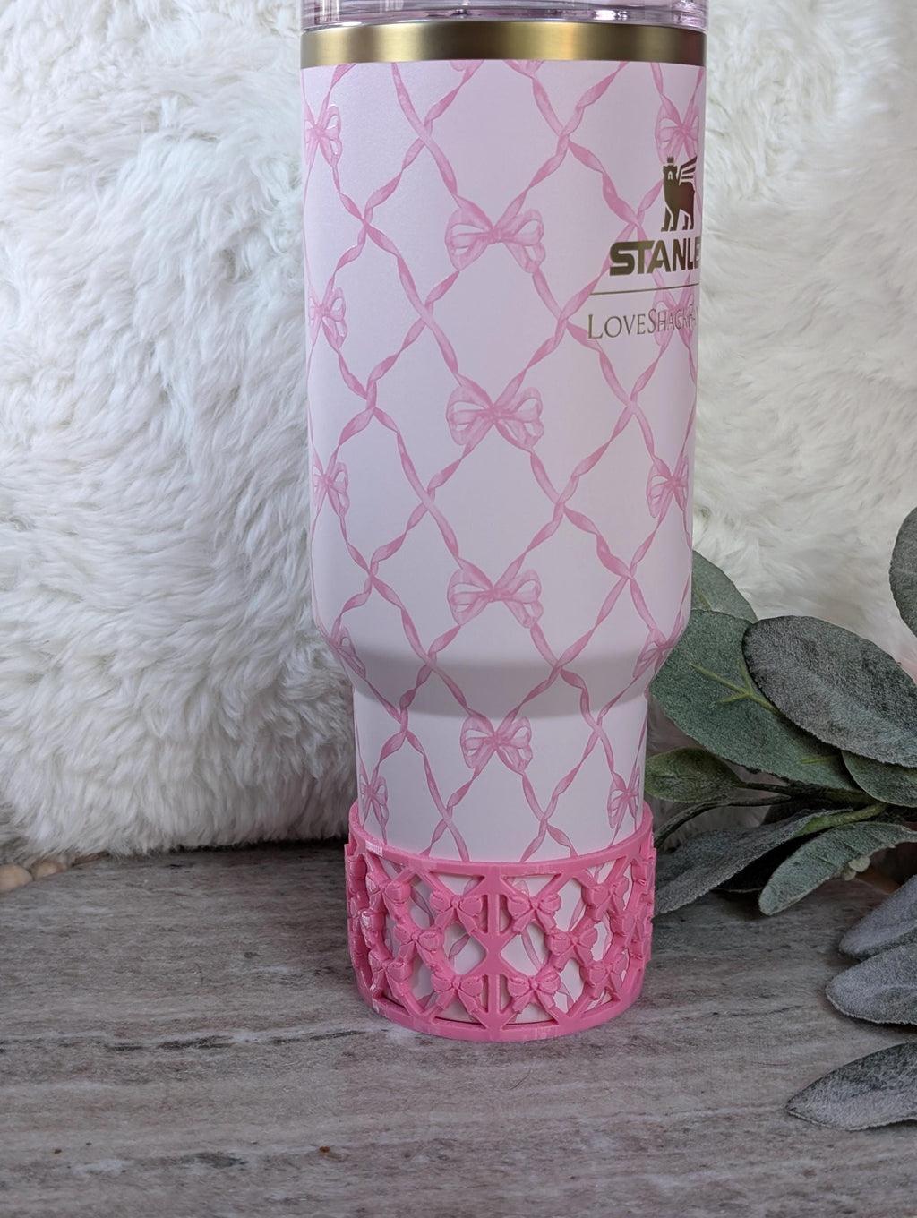 Pink Lattice Ribbon Bow Tumbler Boot for Stanley Tumbler Protective Boot Sleeve 3D Printed Lace Toile LSF Peppermint Fancy Chantilly
