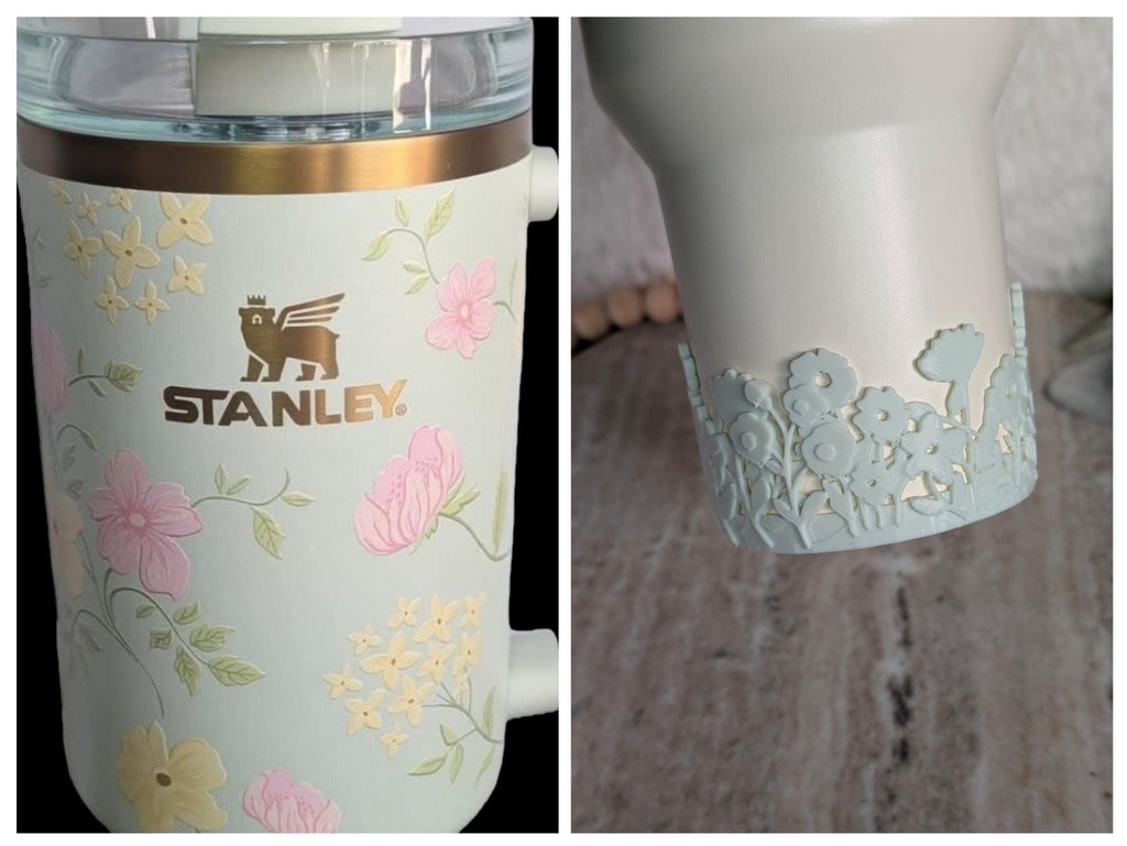 Sage Green Tumbler Boot with Wild Flowers Tumbler Sleeve Protective 3D Printed Stanley Decor Accessories Spring Blossom Floral