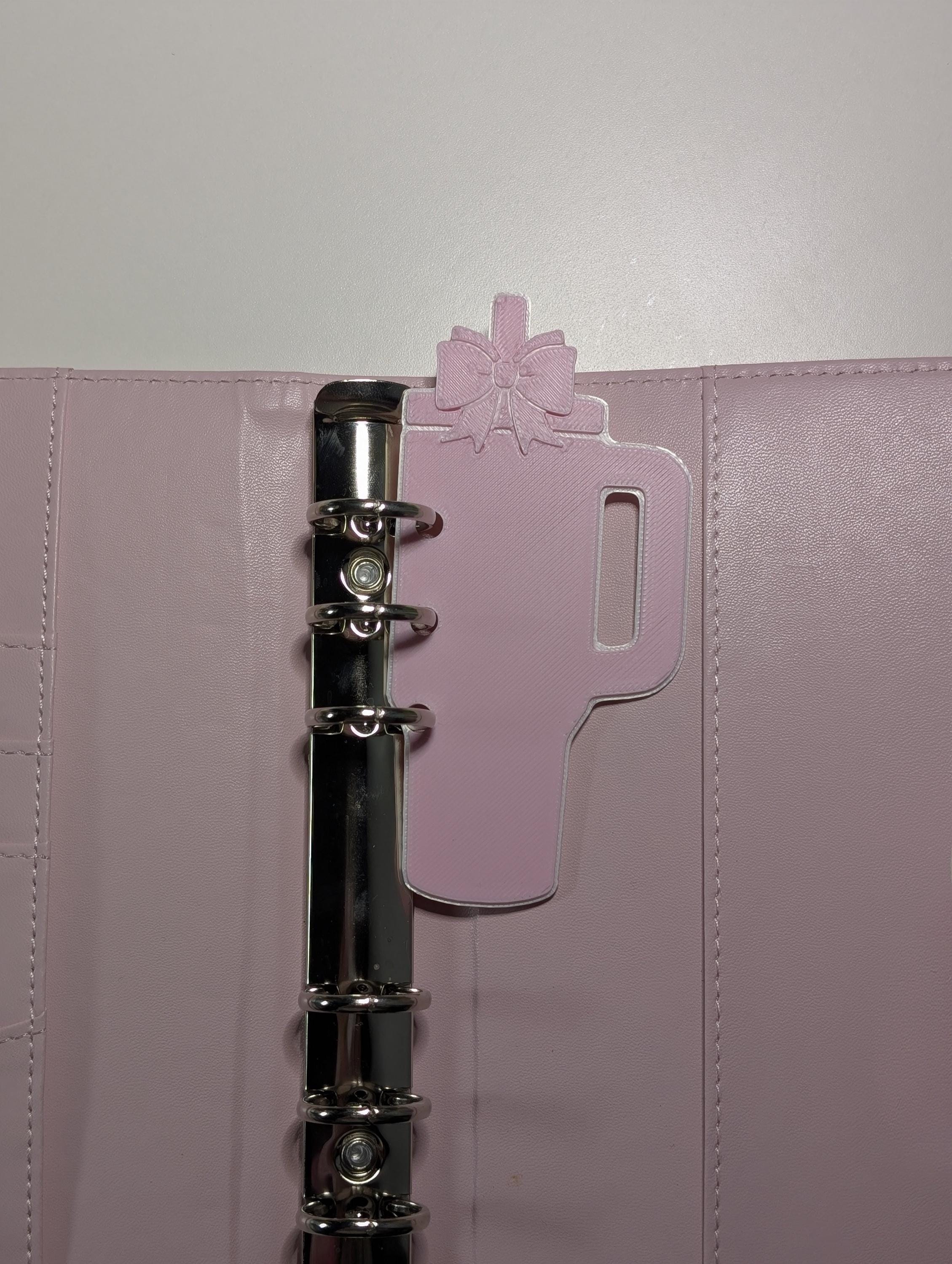 Pink Tumbler and Bow Page Marker Layered Decor for Planner binders 3d Printed Overlay Insert Place Keeper Soft Pink Girly Aesthetic Sakura