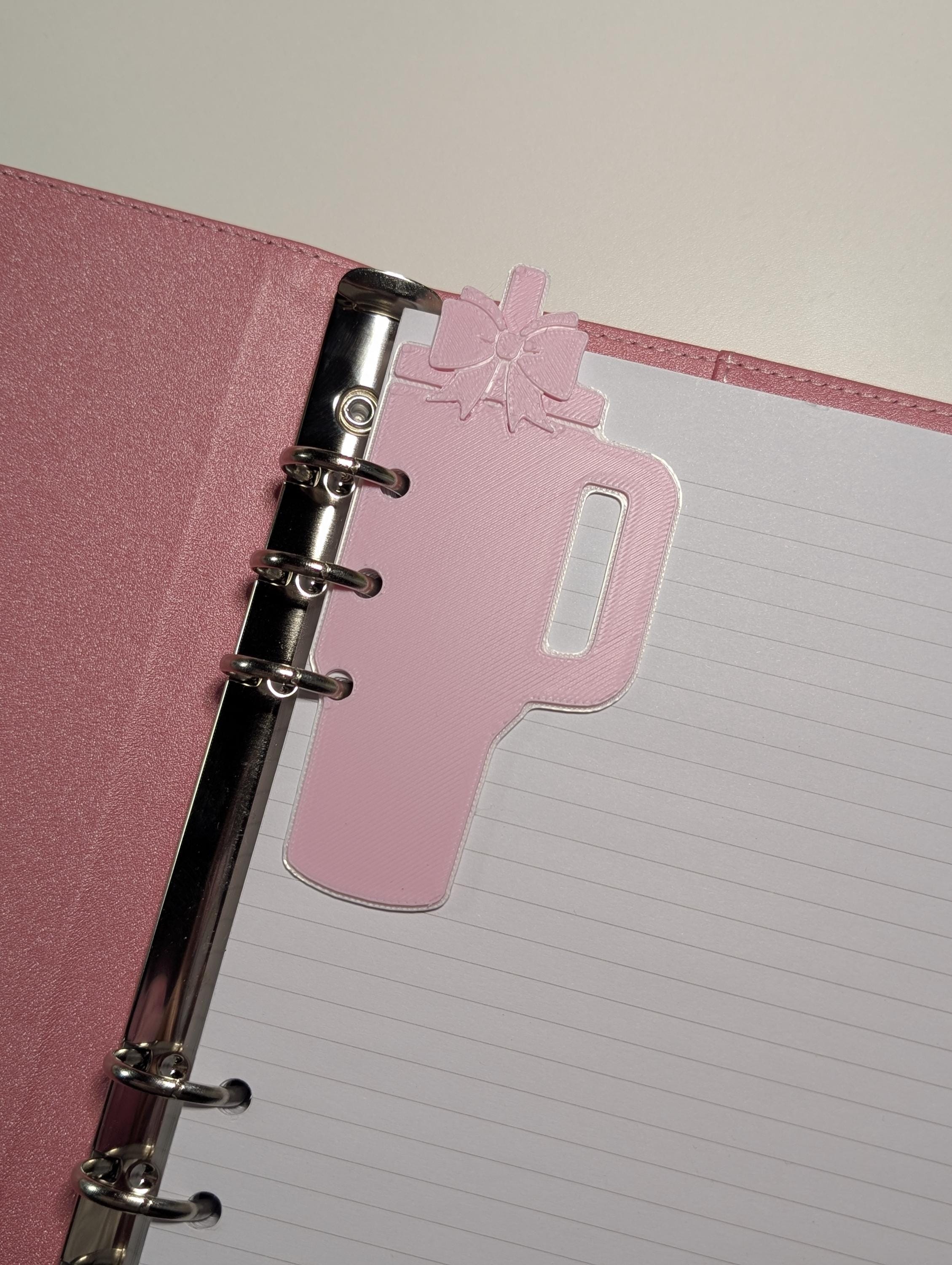 Pink Tumbler and Bow Page Marker Layered Decor for Planner binders 3d Printed Overlay Insert Place Keeper Soft Pink Girly Aesthetic Sakura