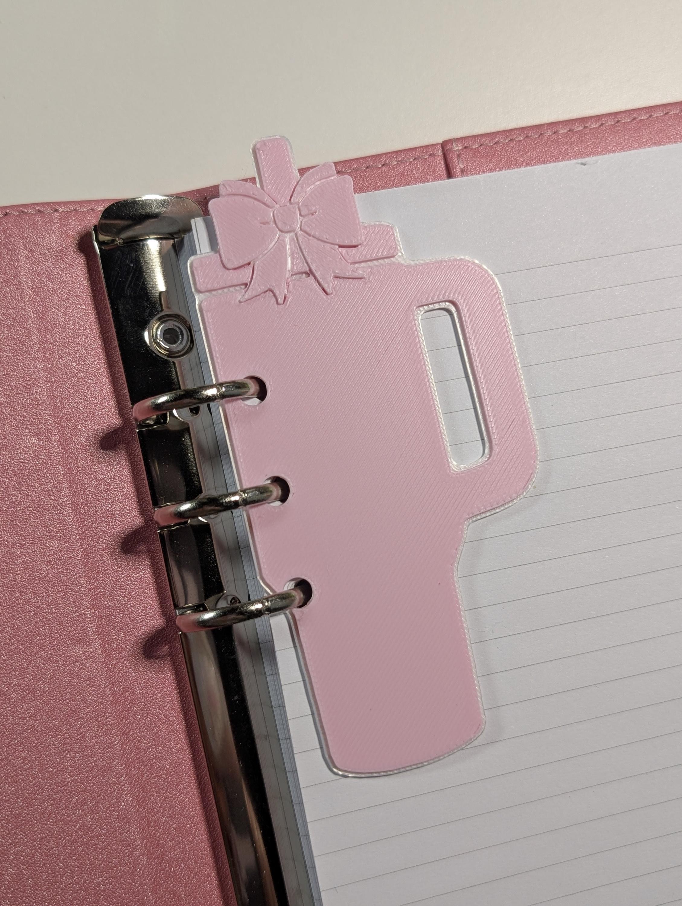 Pink Tumbler and Bow Page Marker Layered Decor for Planner binders 3d Printed Overlay Insert Place Keeper Soft Pink Girly Aesthetic Sakura